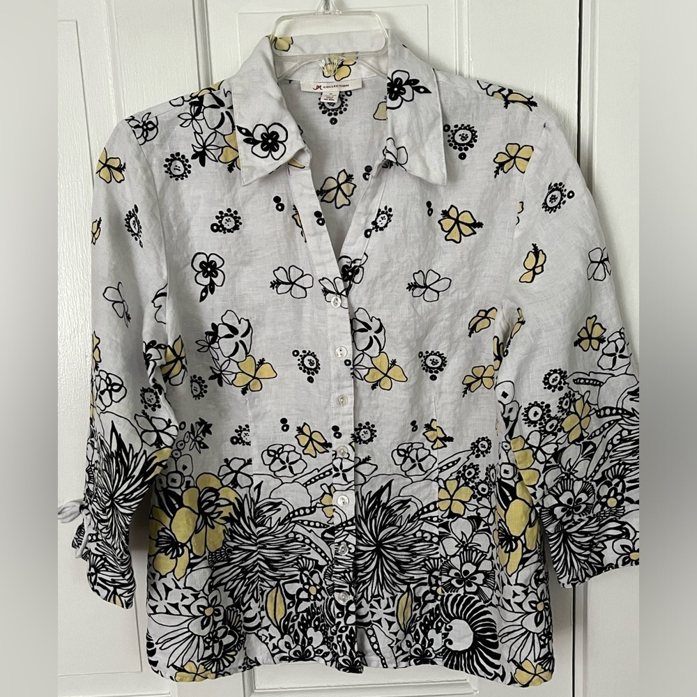 JM Collection 100% Linen Floral Button Up Blouse Size 10 Cottagecore Grannycore